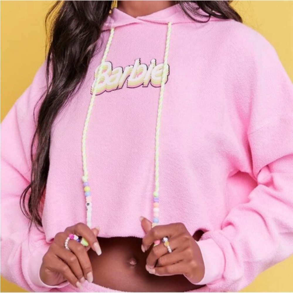 Barbie X Forever 21 Women's Pink Pullover Hoodie Sweatshirt Cropped